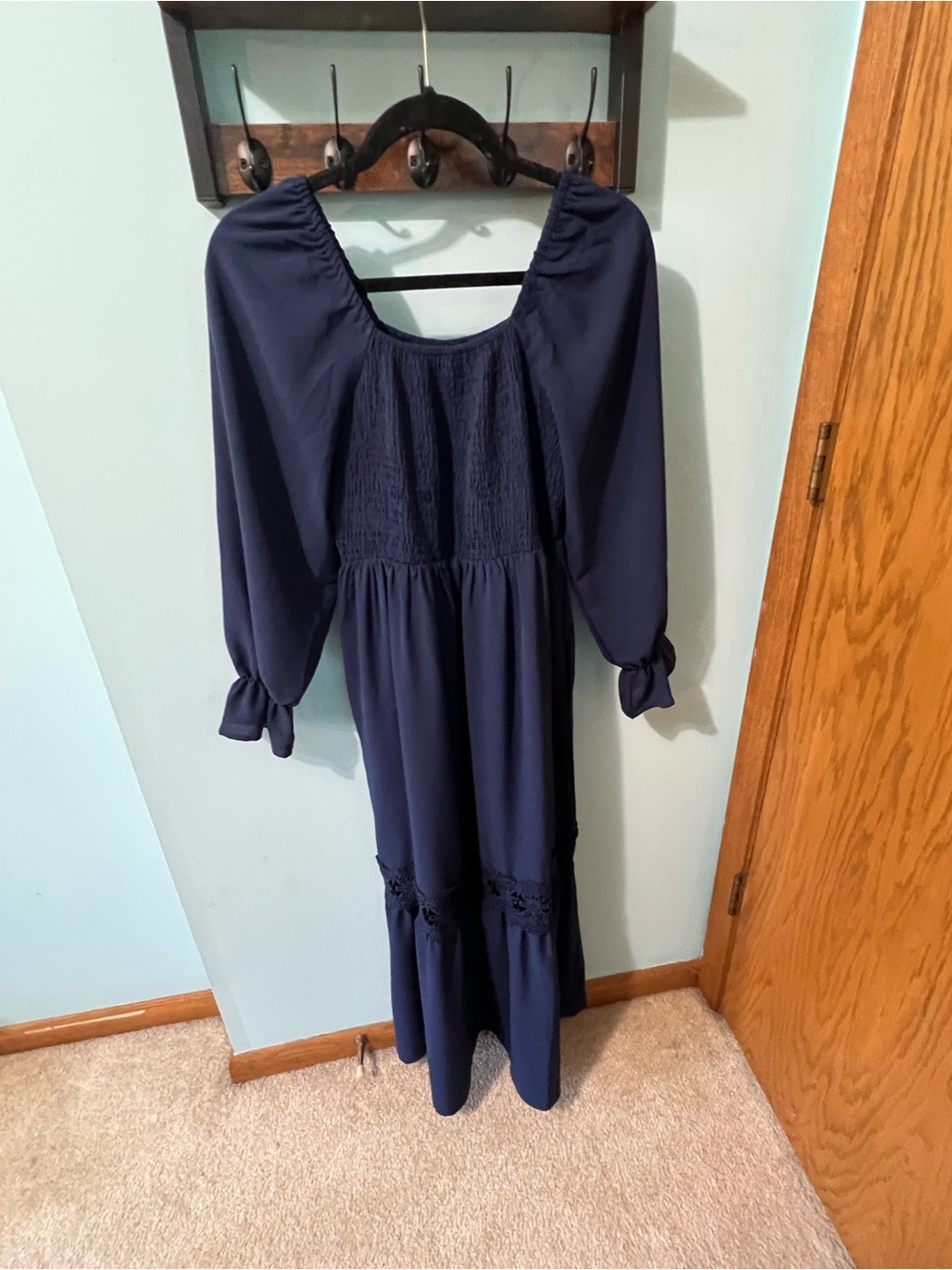 Women’s Navy Long Sleeve Smocked Maxi Dress